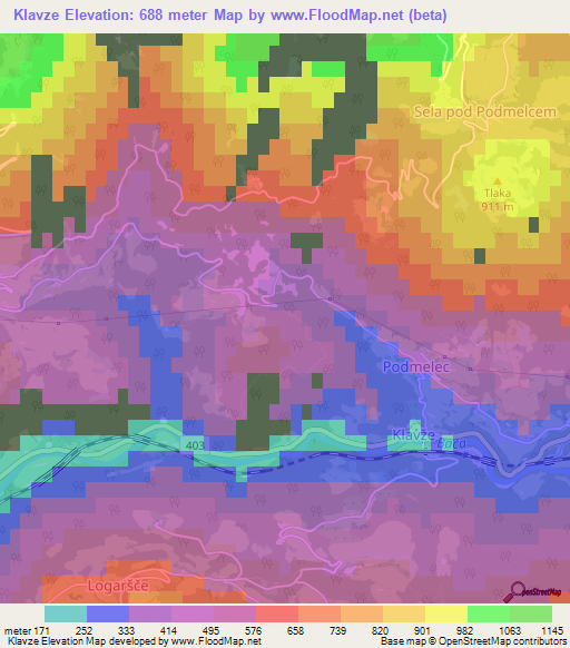 Klavze,Slovenia Elevation Map