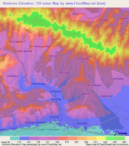 Kindrovo,Croatia Elevation Map