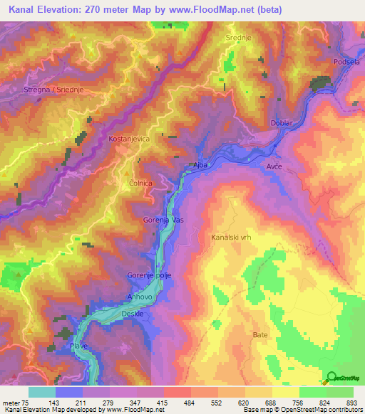 Kanal,Slovenia Elevation Map