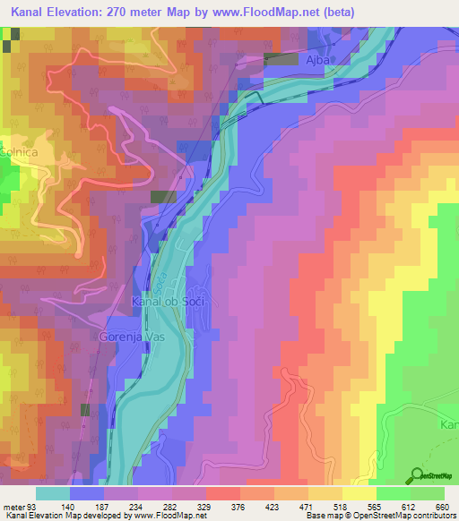 Kanal,Slovenia Elevation Map