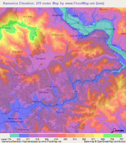 Kamenica,Slovenia Elevation Map