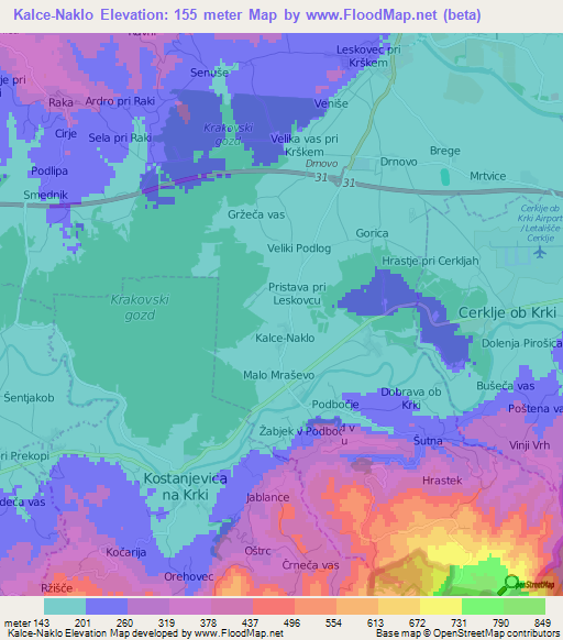 Kalce-Naklo,Slovenia Elevation Map