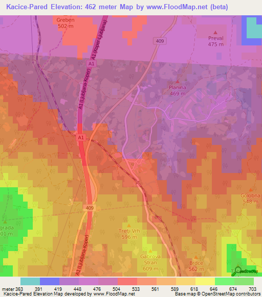 Kacice-Pared,Slovenia Elevation Map