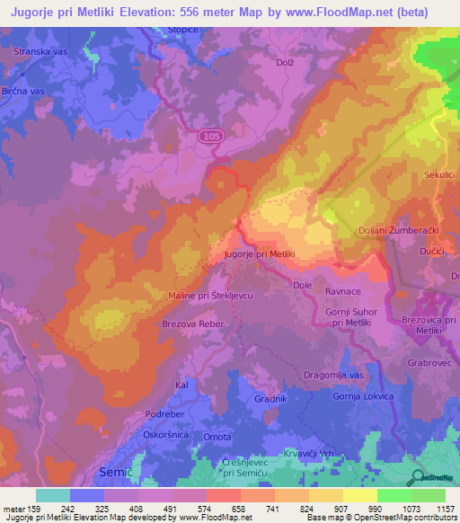 Jugorje pri Metliki,Slovenia Elevation Map