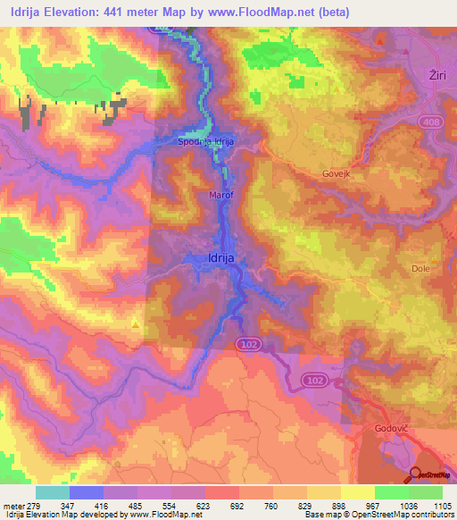 Idrija,Slovenia Elevation Map