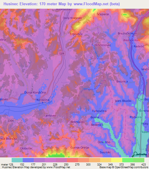 Husinec,Croatia Elevation Map