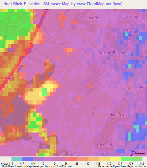 Hudi Bitek,Croatia Elevation Map