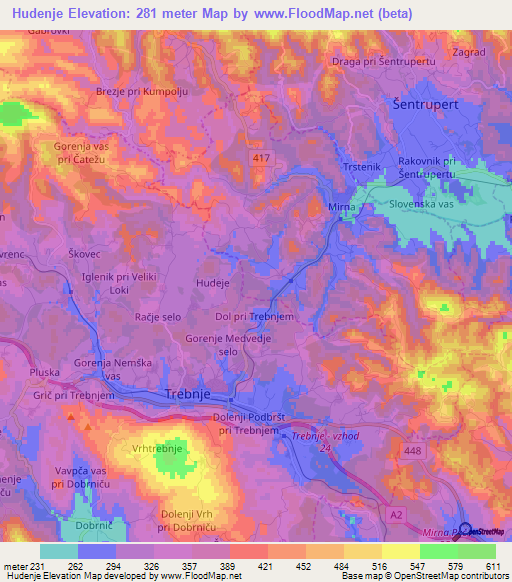 Hudenje,Slovenia Elevation Map