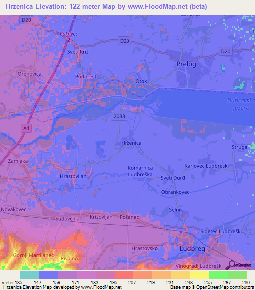 Hrzenica,Croatia Elevation Map
