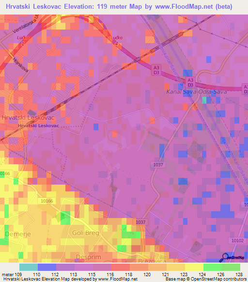 Hrvatski Leskovac,Croatia Elevation Map