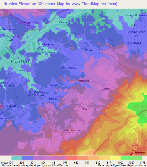 Hrusica,Slovenia Elevation Map