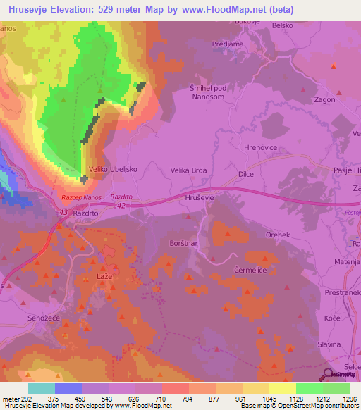 Hrusevje,Slovenia Elevation Map