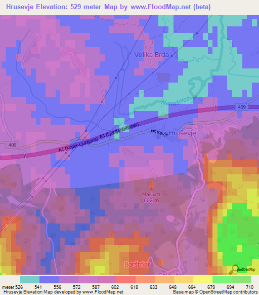 Hrusevje,Slovenia Elevation Map