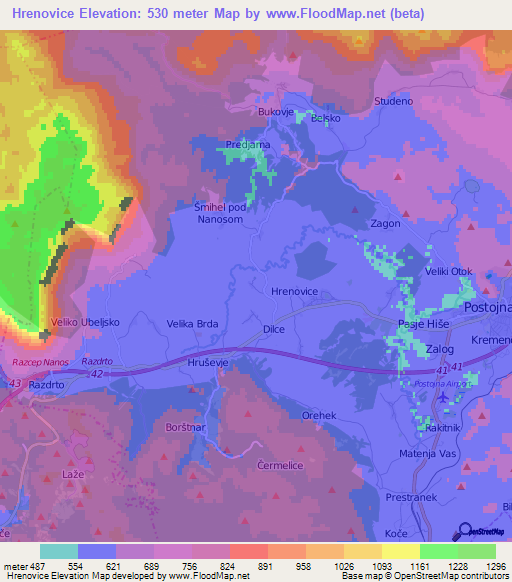 Hrenovice,Slovenia Elevation Map