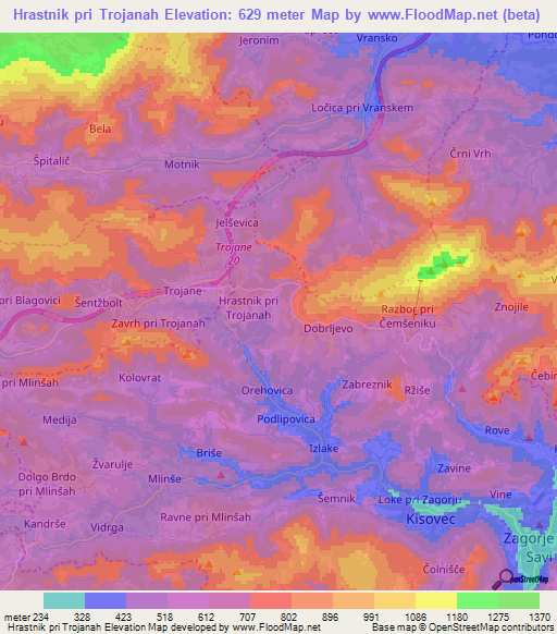 Hrastnik pri Trojanah,Slovenia Elevation Map