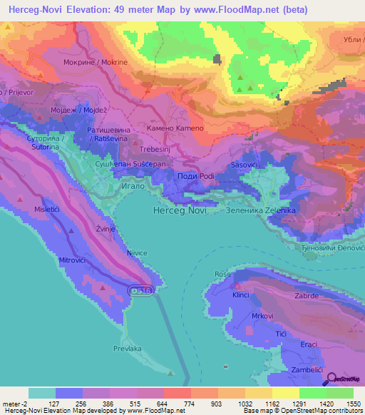 Herceg-Novi,Montenegro Elevation Map