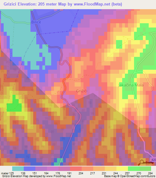 Grizici,Croatia Elevation Map