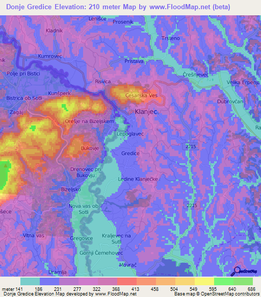 Donje Gredice,Croatia Elevation Map