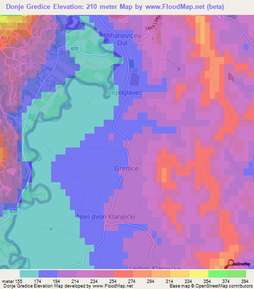 Donje Gredice,Croatia Elevation Map