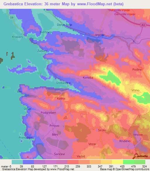 Grebastica,Croatia Elevation Map