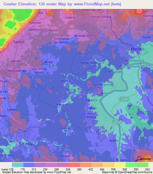 Gradac,Slovenia Elevation Map