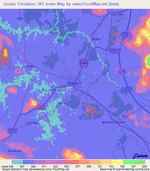 Gospic,Croatia Elevation Map