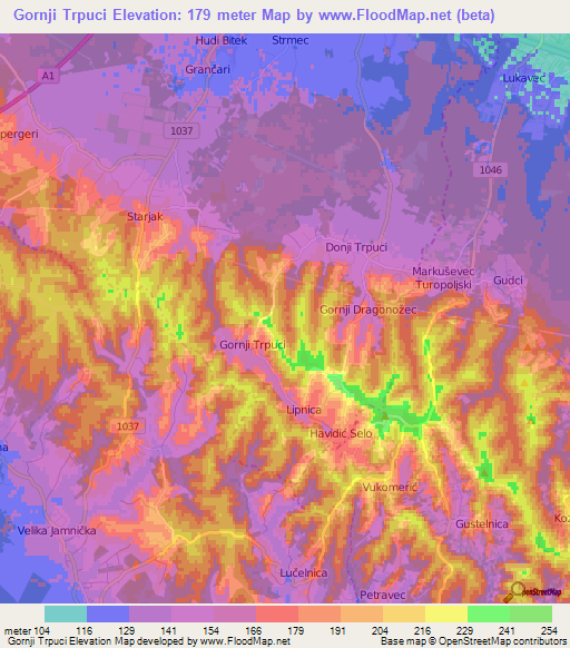 Gornji Trpuci,Croatia Elevation Map