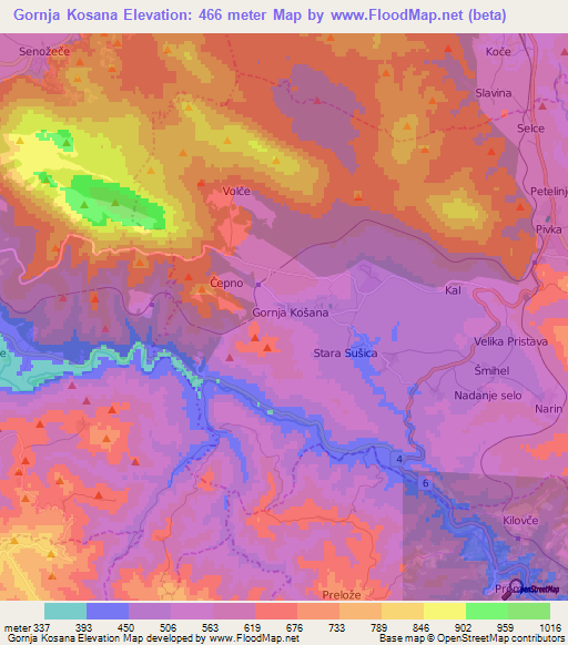 Gornja Kosana,Slovenia Elevation Map