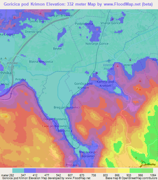 Goricica pod Krimon,Slovenia Elevation Map