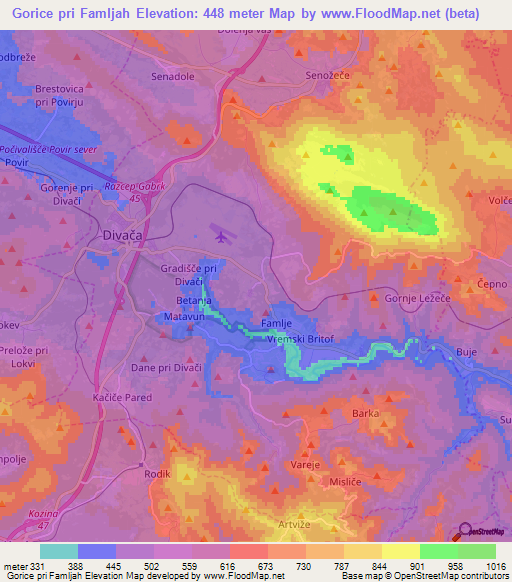 Gorice pri Famljah,Slovenia Elevation Map