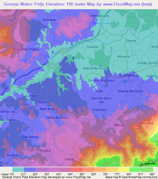 Gorenje Mokro Polje,Slovenia Elevation Map