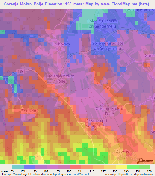 Gorenje Mokro Polje,Slovenia Elevation Map