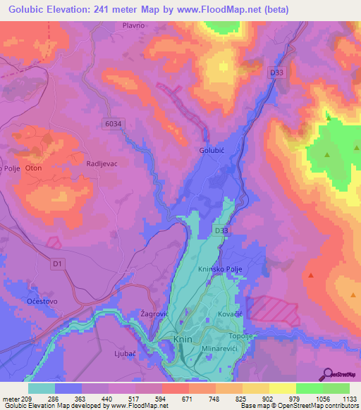 Golubic,Croatia Elevation Map