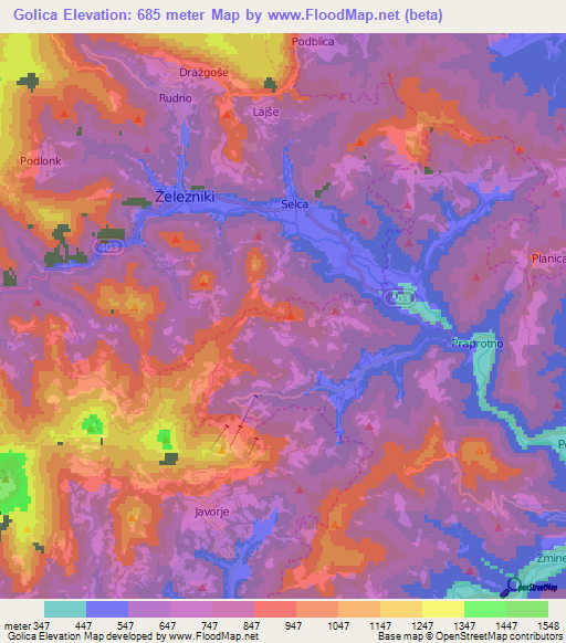 Golica,Slovenia Elevation Map