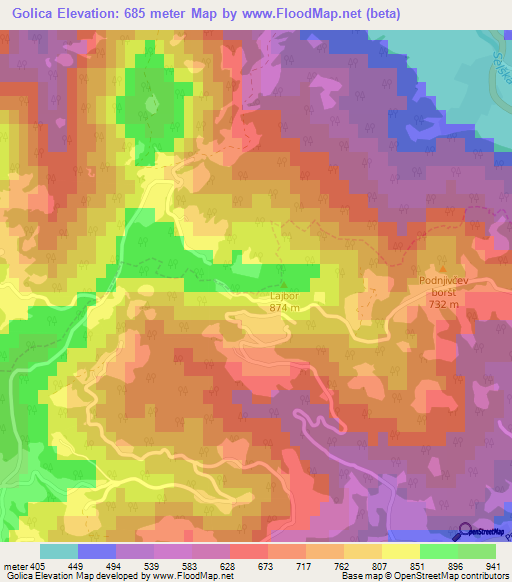 Golica,Slovenia Elevation Map