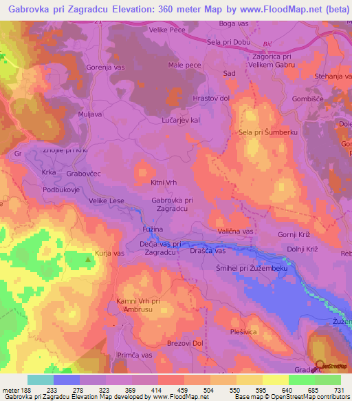 Gabrovka pri Zagradcu,Slovenia Elevation Map