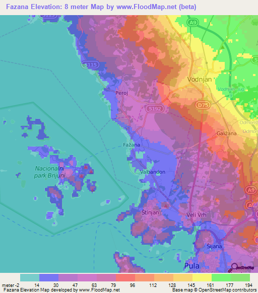 Fazana,Croatia Elevation Map