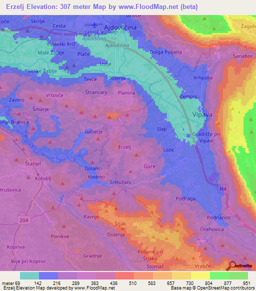 Erzelj,Slovenia Elevation Map