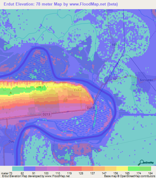 Erdut,Croatia Elevation Map