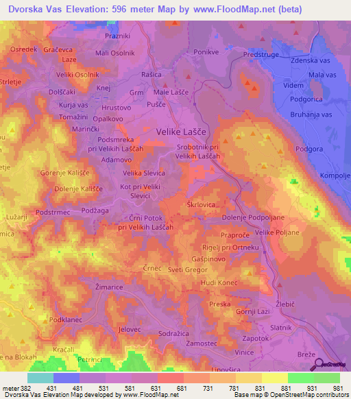 Dvorska Vas,Slovenia Elevation Map