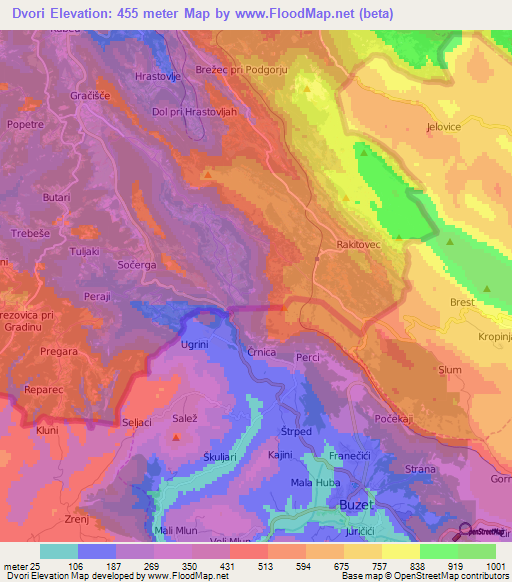 Dvori,Slovenia Elevation Map