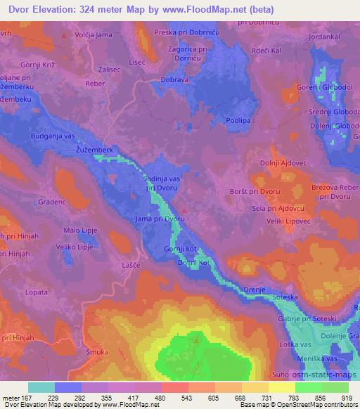 Dvor,Slovenia Elevation Map