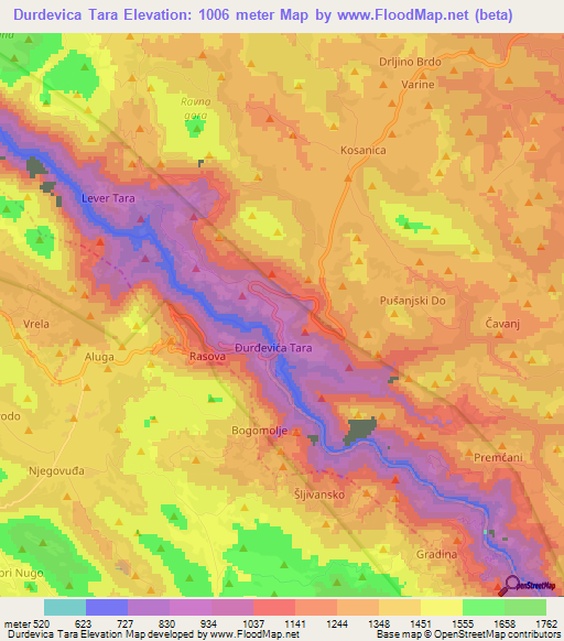 Durdevica Tara,Montenegro Elevation Map