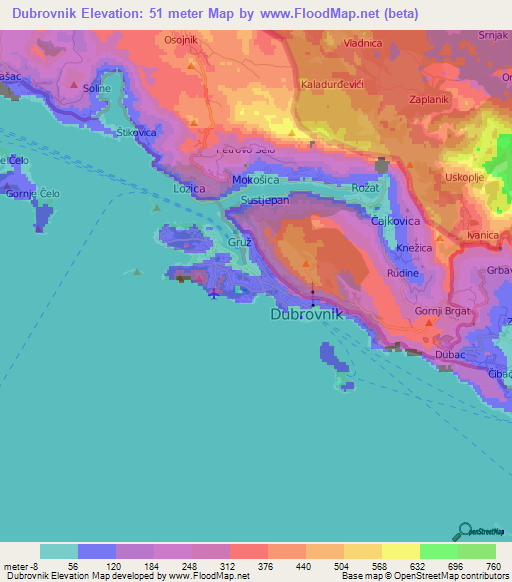 Dubrovnik,Croatia Elevation Map