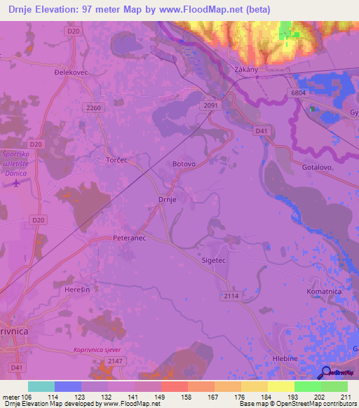 Drnje,Croatia Elevation Map