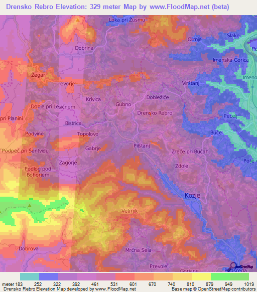 Drensko Rebro,Slovenia Elevation Map