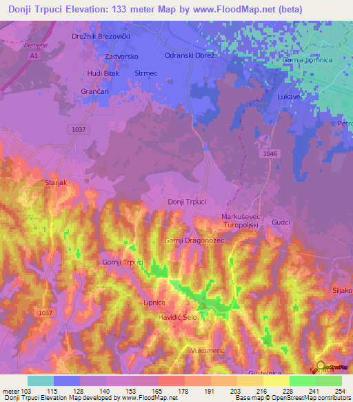 Donji Trpuci,Croatia Elevation Map