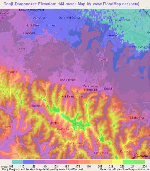 Donji Dragonozec,Croatia Elevation Map