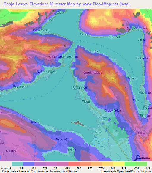 Donja Lastva,Montenegro Elevation Map