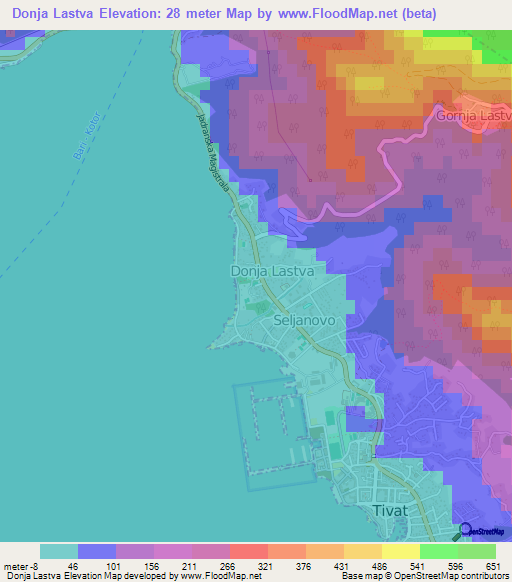 Donja Lastva,Montenegro Elevation Map